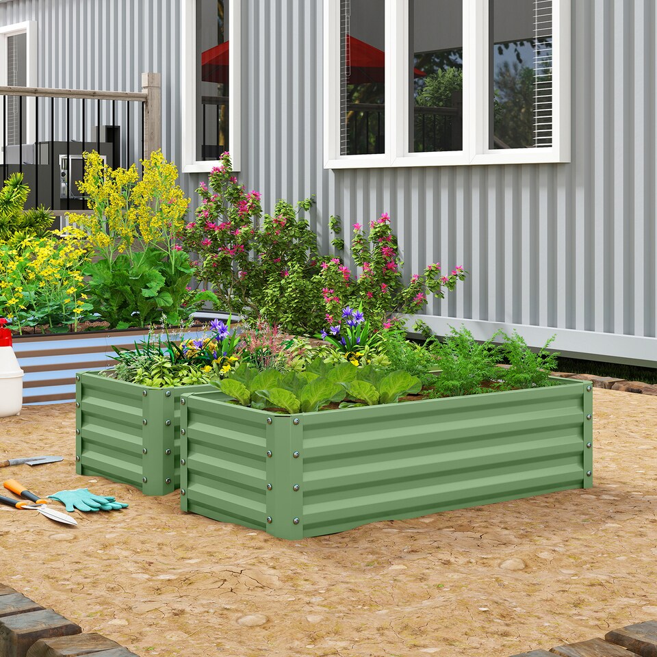 image 1 of Outsunny Set of 2 Raised Garden Bed Galvanised Planter Box, Light Green | Green | Green