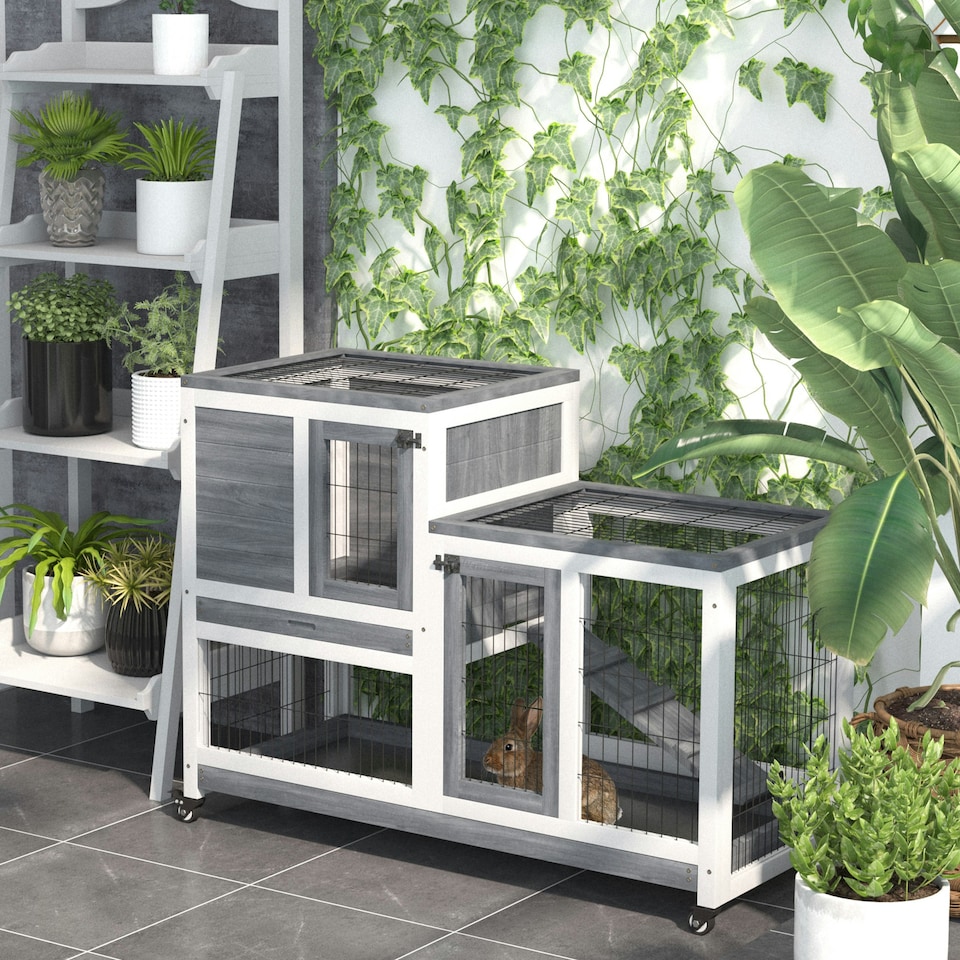 image 1 of PawHut Wooden Indoor Rabbit Hutch Elevated Bunny Cage with Enclosed Run W/Wheel