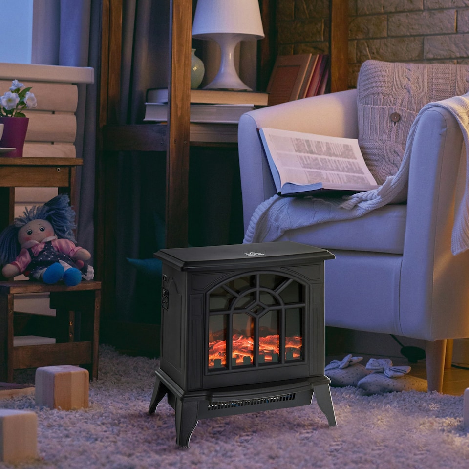 image 1 of HOMCOM Freestanding Electric Fireplace Heater w/ LED Flame 1000W/2000W Black