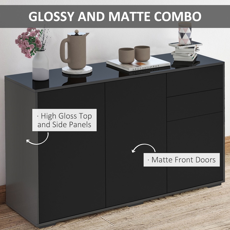 image 1 of HOMCOM High Gloss Frame Side Cabinet with 2 Door and 2 Drawer, Black | Black | Black