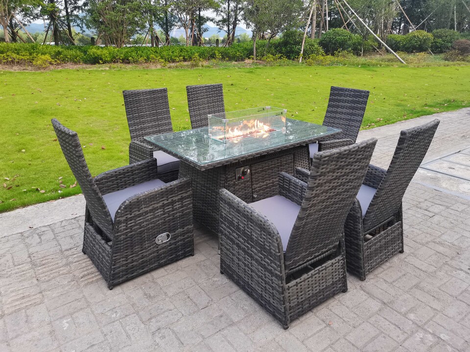 image 1 of Fimous Rattan Garden Furniture Gas Fire Pit Rectangle Oblong Dining Table And Chairs 6 Seater Plus Rectangular Table