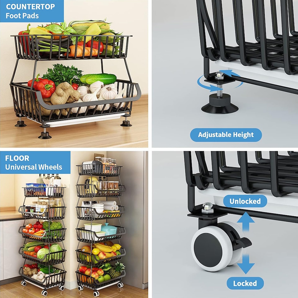 image 1 of Living and Home 6-tiered Kitchen Storage Rack with Casters | Black | 6 Tier