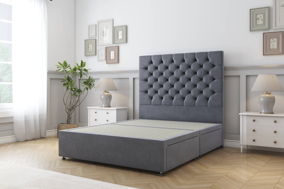 image 1 of Sloomy Mayfair Steel Plush Divan Bed Base 2 Drawers Same Side With 54 Inch Floor Standing Headboard | Grey | Steel | Small Single | 1