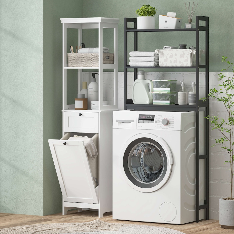 image 1 of HOMCOM Tall Bathroom Cabinet with Removable Laundry Basket, Slim Bathroom Storage Unit with Tilt-Out Laundry Cabinet, 2 Open Shelves and Drawer, 40 x 30 x 165 cm, White | White | White