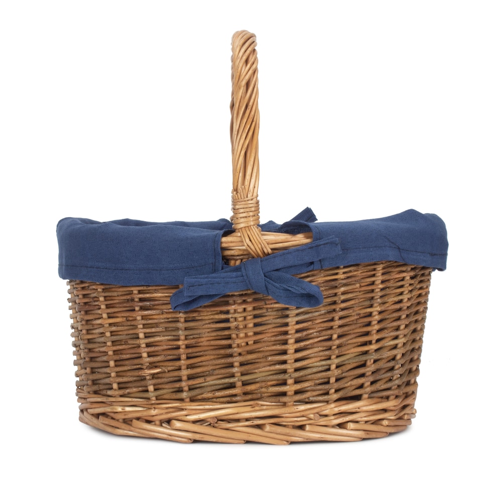 image 1 of Small Blue Lined Country Oval Wicker Shopping Basket | Blue | Navy Blue