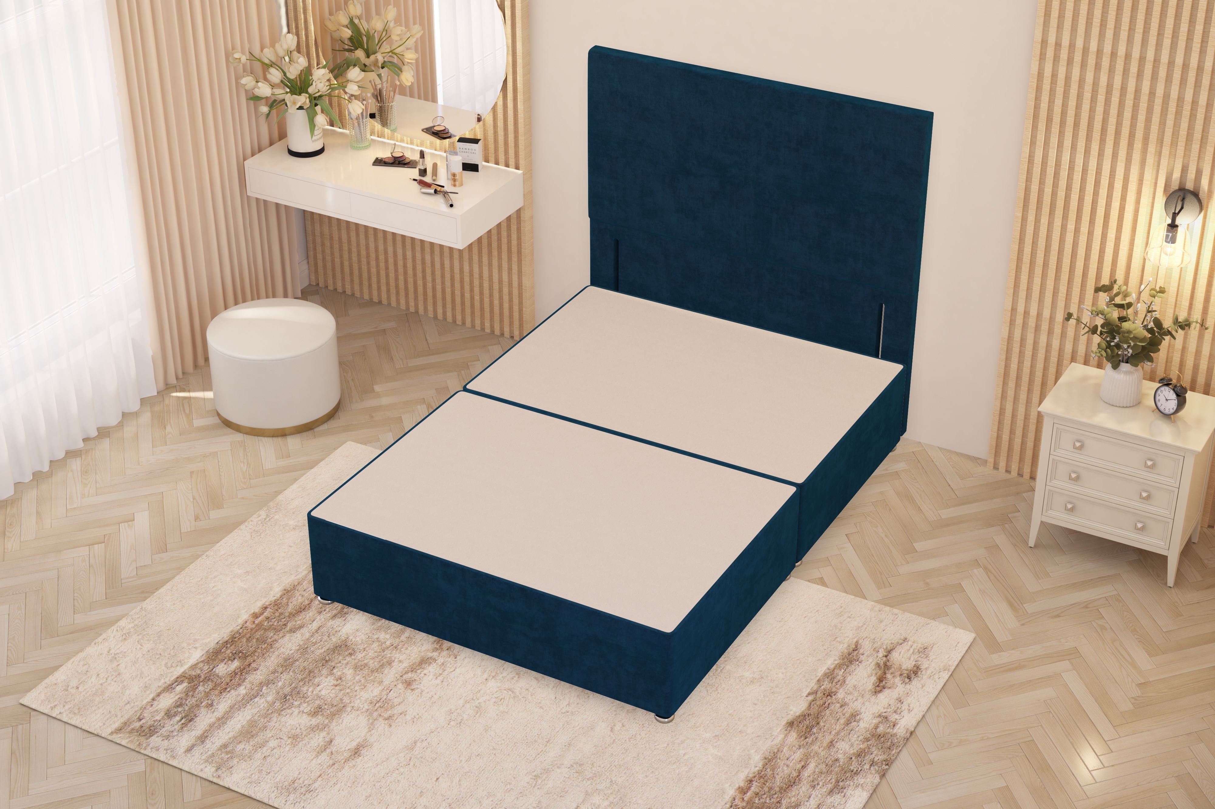 Divan Bed Base with Plain Floor Standing Headboard Plush Velvet Blue Navy