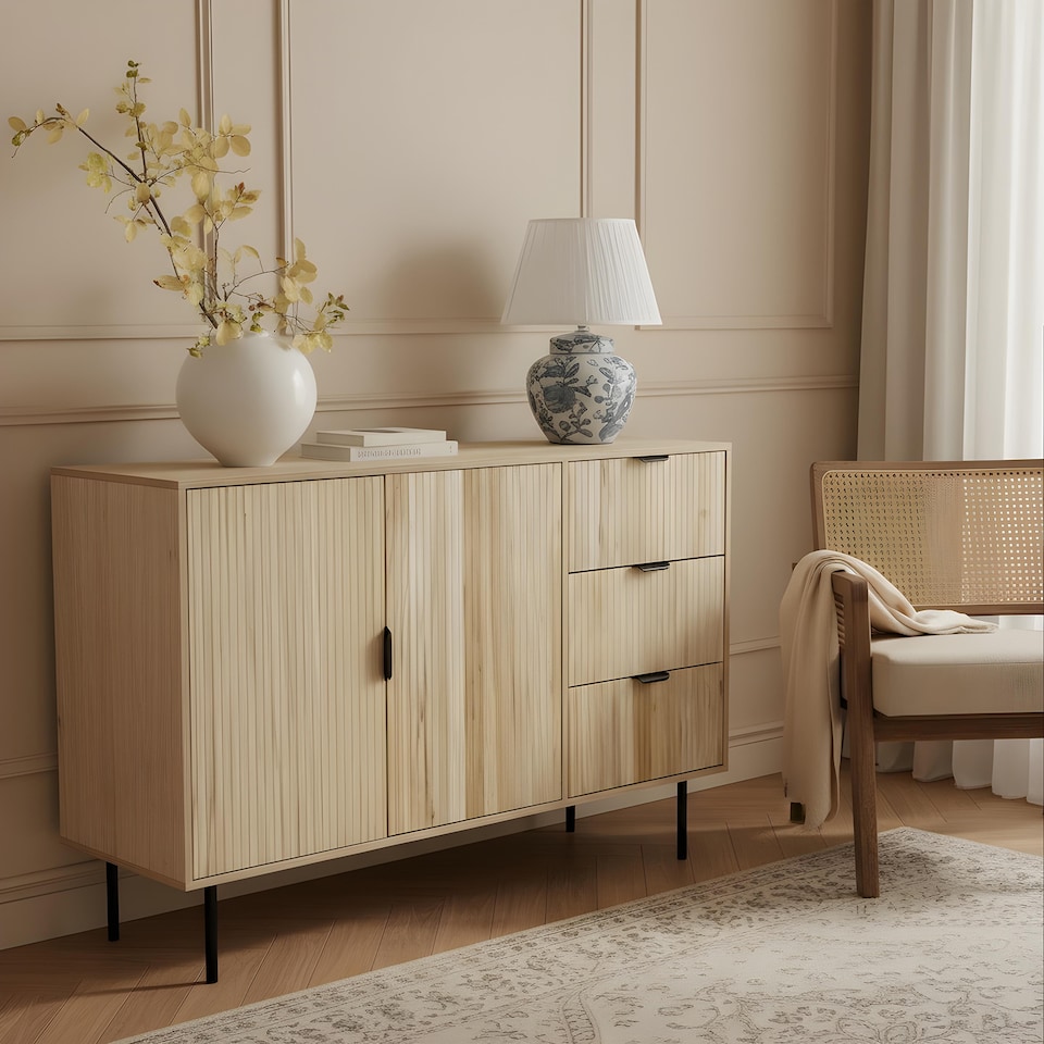 image 1 of OHS Ribbed Sideboard Table Modern Drawer Shelf Cabinet Storage | Brown | Light Wood