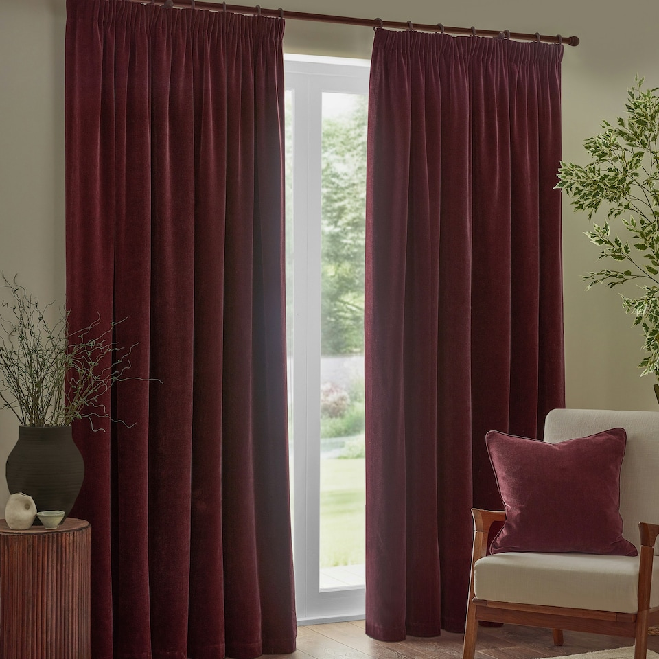image 1 of Yard Heavy Chenille Velvet Room Darkening Pencil Pleat Curtains | Red