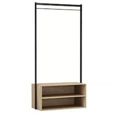 Wooden Shoe Rack Shelf Storage and Metal Clothes Coat Garment Hanging Display Rail | Multi | Oak