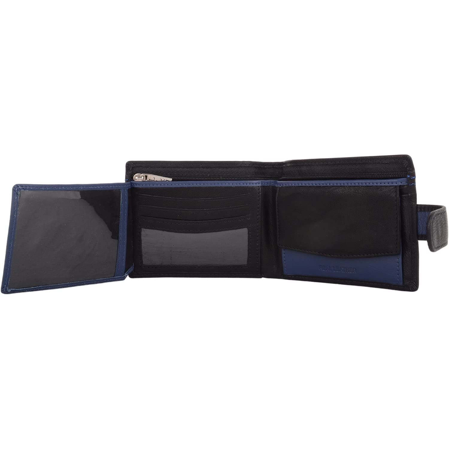 London Leathergoods Mens Genuine Leather Contrast Stitching Credit Card Holder Wallet - Black with Navy Black Black/Navy