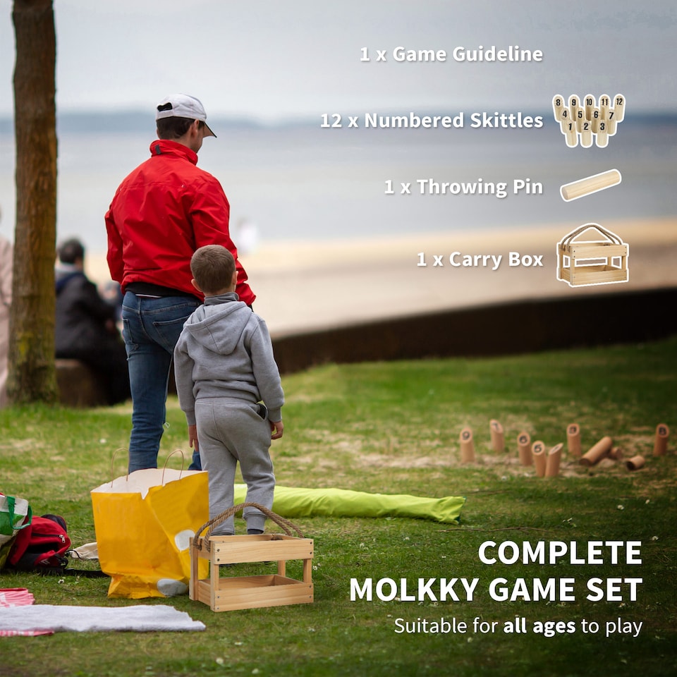 image 1 of SPORTNOW Molkky Game, Wooden Skittles Throwing Game with 12 Skittles, 1 Throwing Pin and Carrying Box, Outdoor Games for Adults, Garden, Picnic, Beach, Party