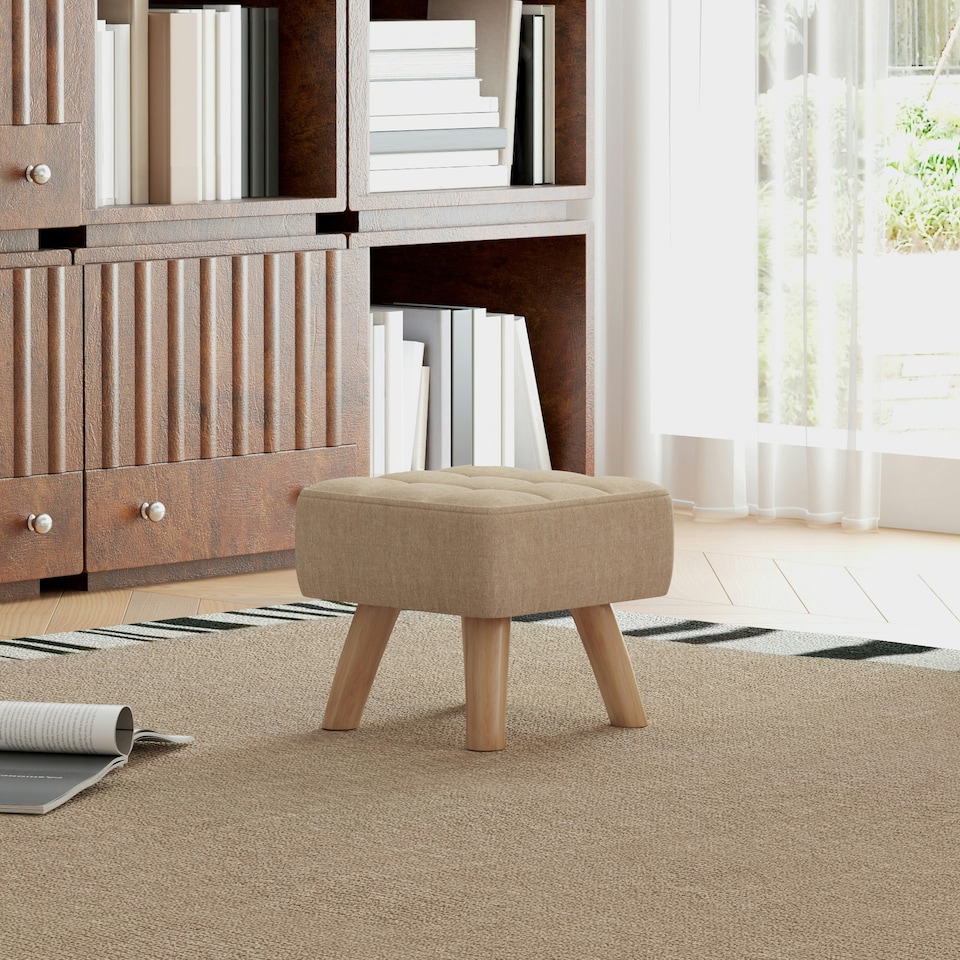image 1 of HOMCOM Modern Tufted Footstool, Fabric Foot Stool with Rubber Wood Legs, Padded Seat, for Living Room, Bedroom, Entryway, Grey