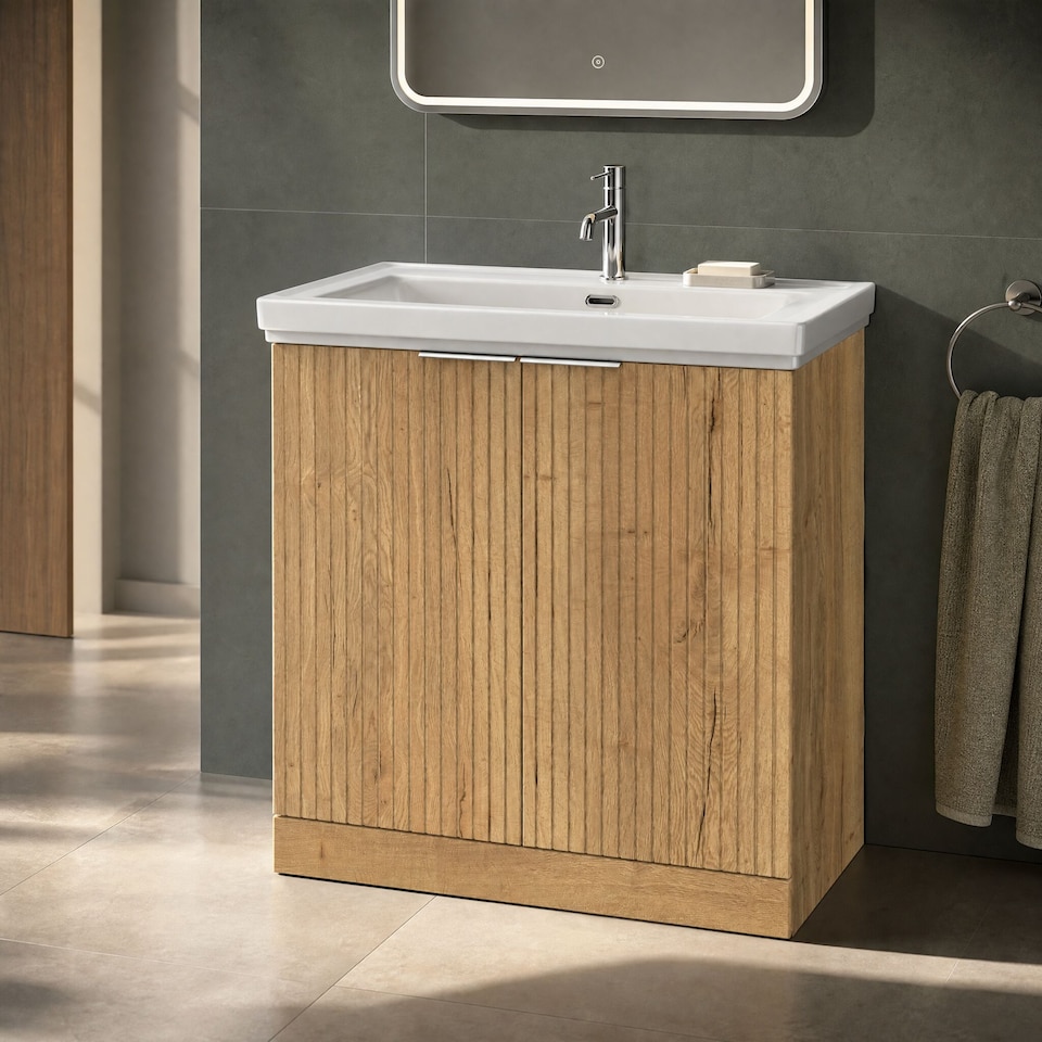image 1 of Balterley Callingwood Contemporary Floor Standing 2 Door Vanity Unit with Traditional 1 Tap Hole Fireclay Basin , 800mm, Autumn Oak