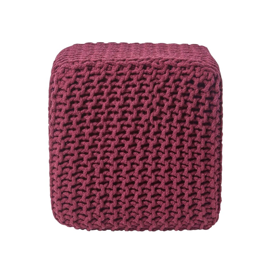 image 1 of Homescapes Plum Cube Cotton Knitted Pouffe Footstool