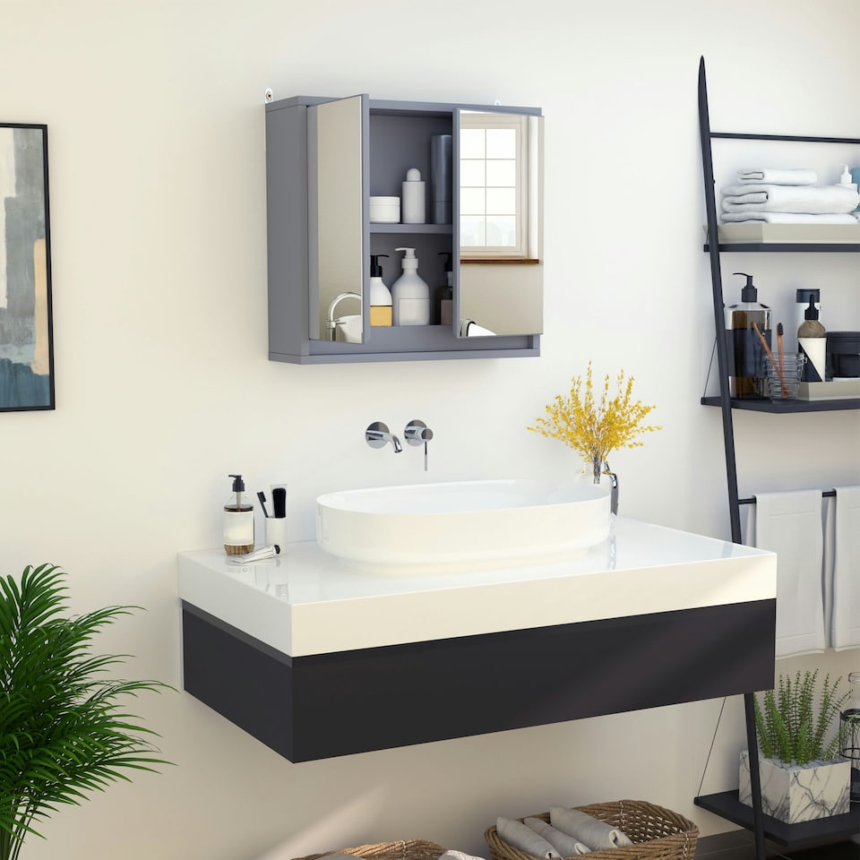 image 1 of HOMCOM Wall Mounted Mirror Cabinet with Storage Shelf Bathroom Cupboard Grey
