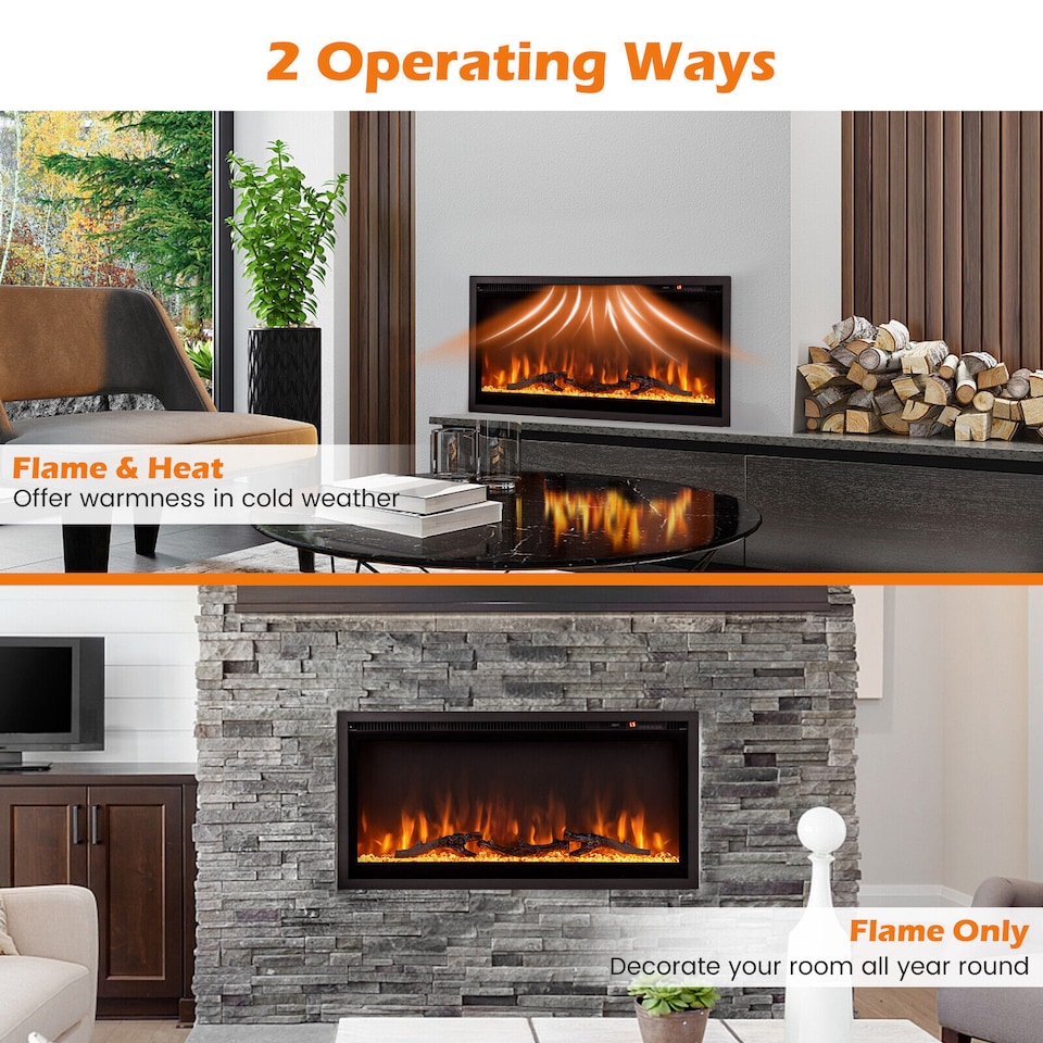 image 1 of COSTWAY Wall-Mounted Recessed Freestanding Fireplace Black