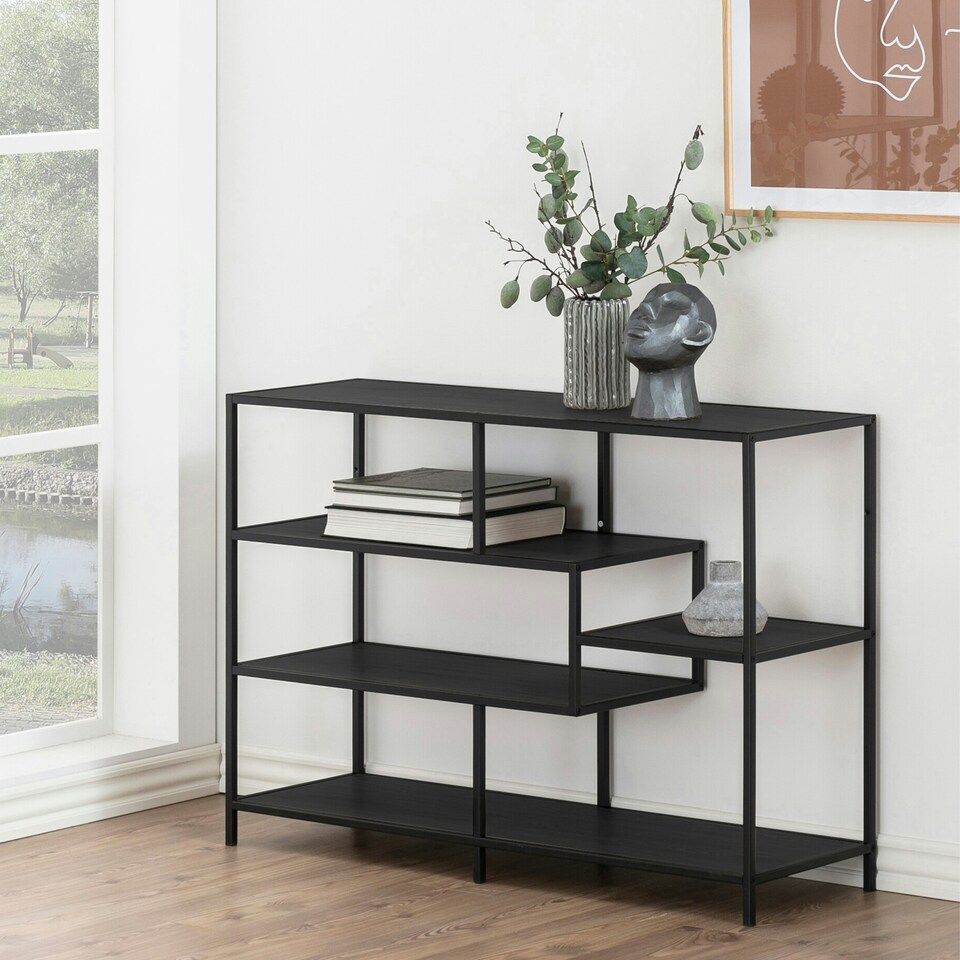 image 1 of Seaford Wide Black Metal Bookcase with 4 Black Oak Shelves