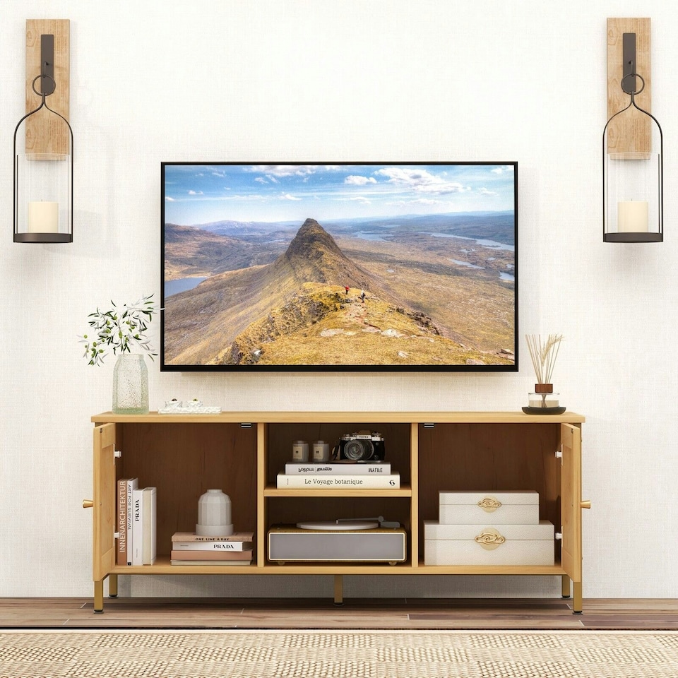 image 1 of COSTWAY Boho TV Stand for 55 Inches Entertainment Center Natural Gold