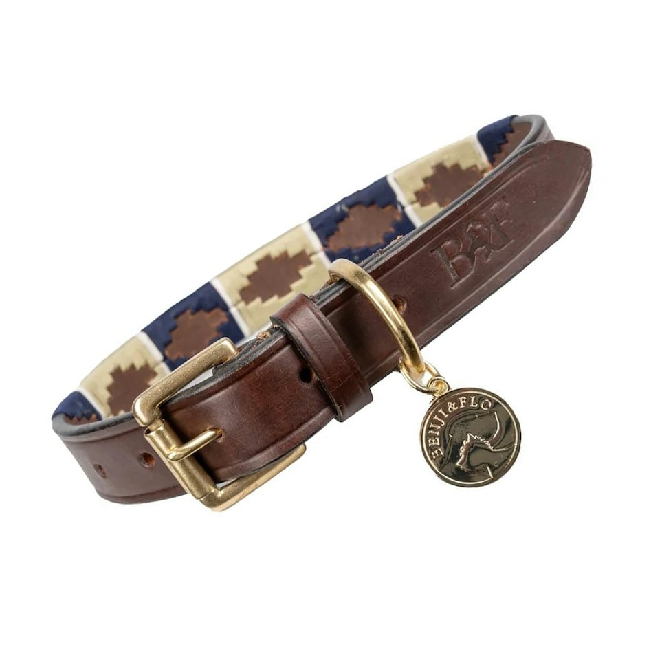 image 1 of Benji & Flo Sublime Polo Leather Dog Collar - Navy/Fossil - XL