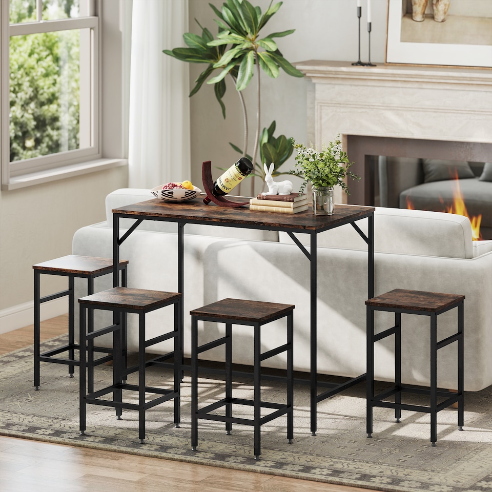 image 1 of HOMCOM 5-Piece Breakfast Bar Table and Stools Set, Kitchen Bar Table Set with High Table and 4 Stools, Space Saving Compact Dining Furniture for Small Spaces, Rustic Brown