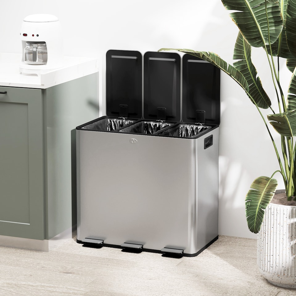 image 1 of HOMCOM Triple Kitchen Bin, 3 x 15L Pedal Bin, Stainless Steel Three Rubbish Bin with Removable Inner Buckets, Soft Close Lid, Fingerprint-Proof for Recycling and Waste, Silver Tone | Silver | 1
