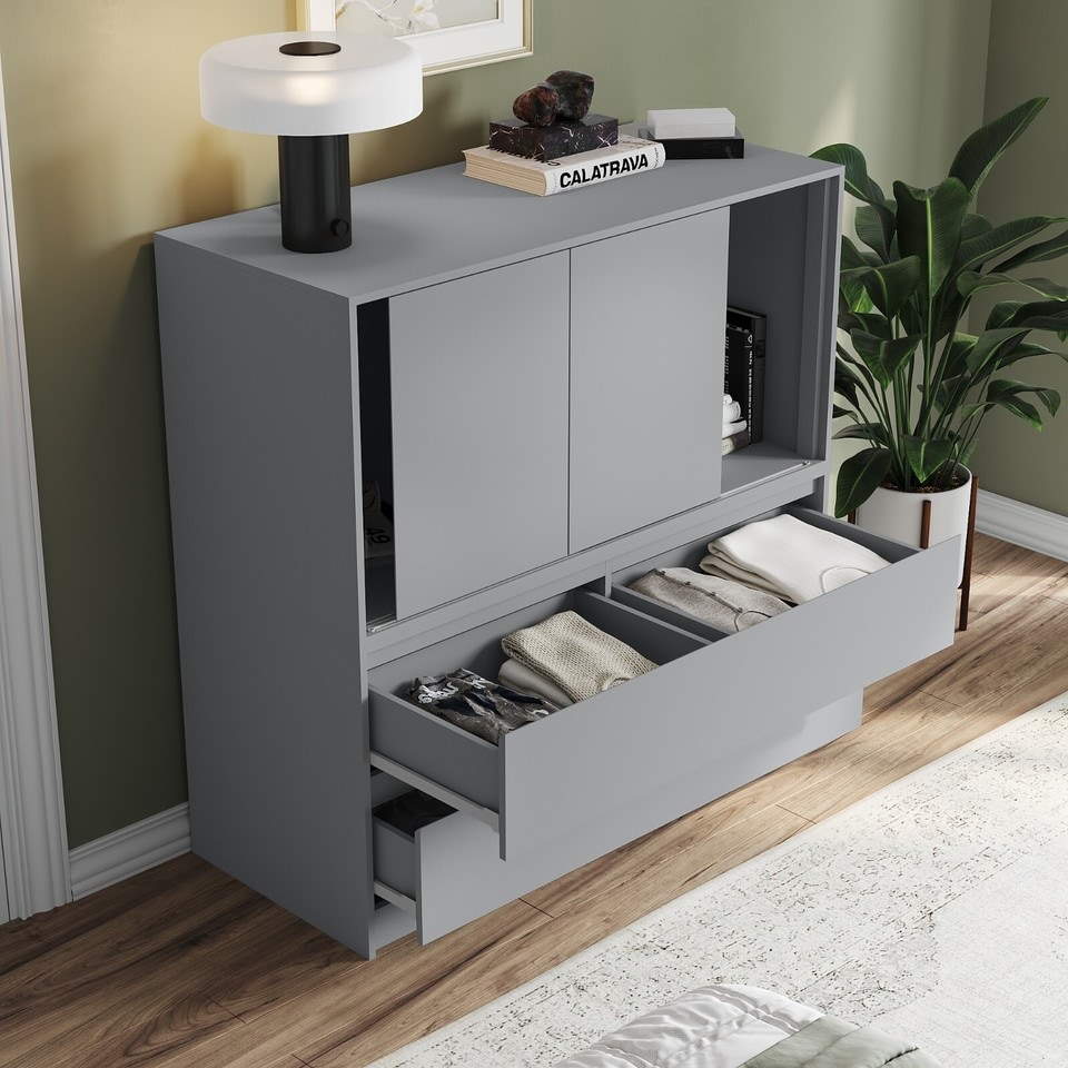 image 1 of 120cm 3 Sliding Door 4 Drawer Bedside Cabinet Storage End Unit Bedroom Furniture | Grey | Grey | 1