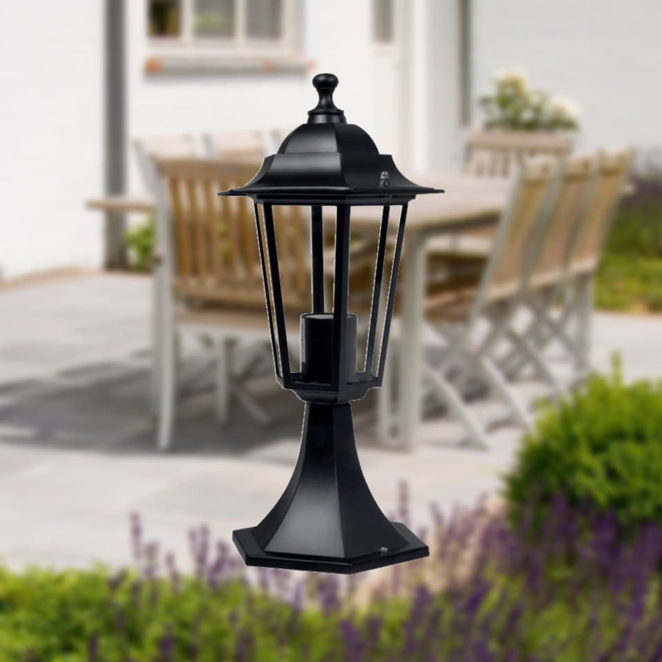 image 1 of Cumbria - Black with Clear Six Sided IP44 Outdoor 41cm Pedestal Light