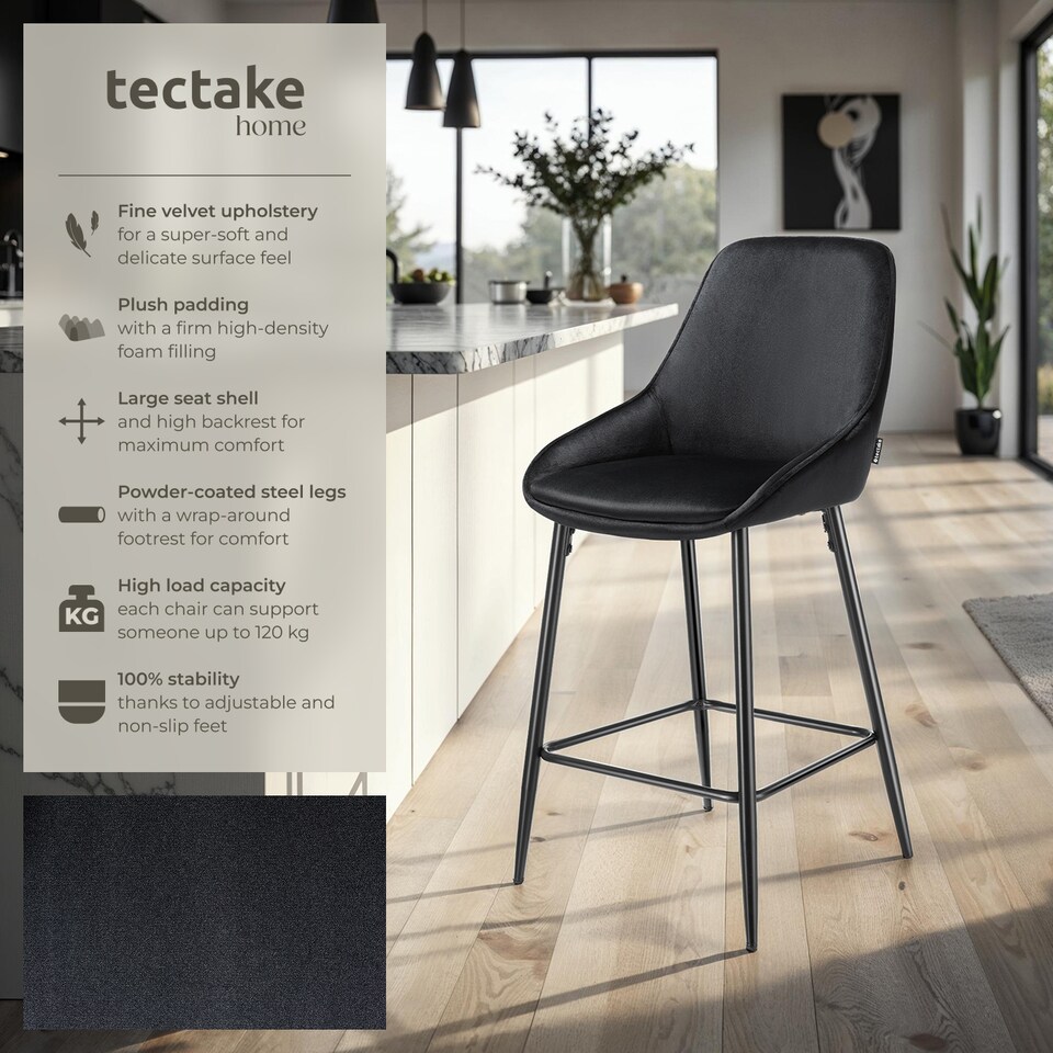 image 1 of Bar Stool Siera with backrest, padding and soft fabric | Black | Velvet look black/black | 54 x 49 x 100 cm | 4