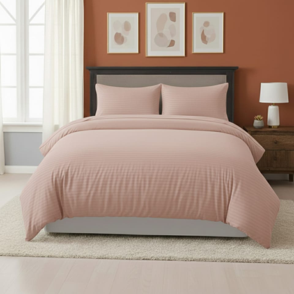 image 1 of Embossed Stripe Duvet Cover Soft Microfibre Bedding with Pillowcases | Pink | Single