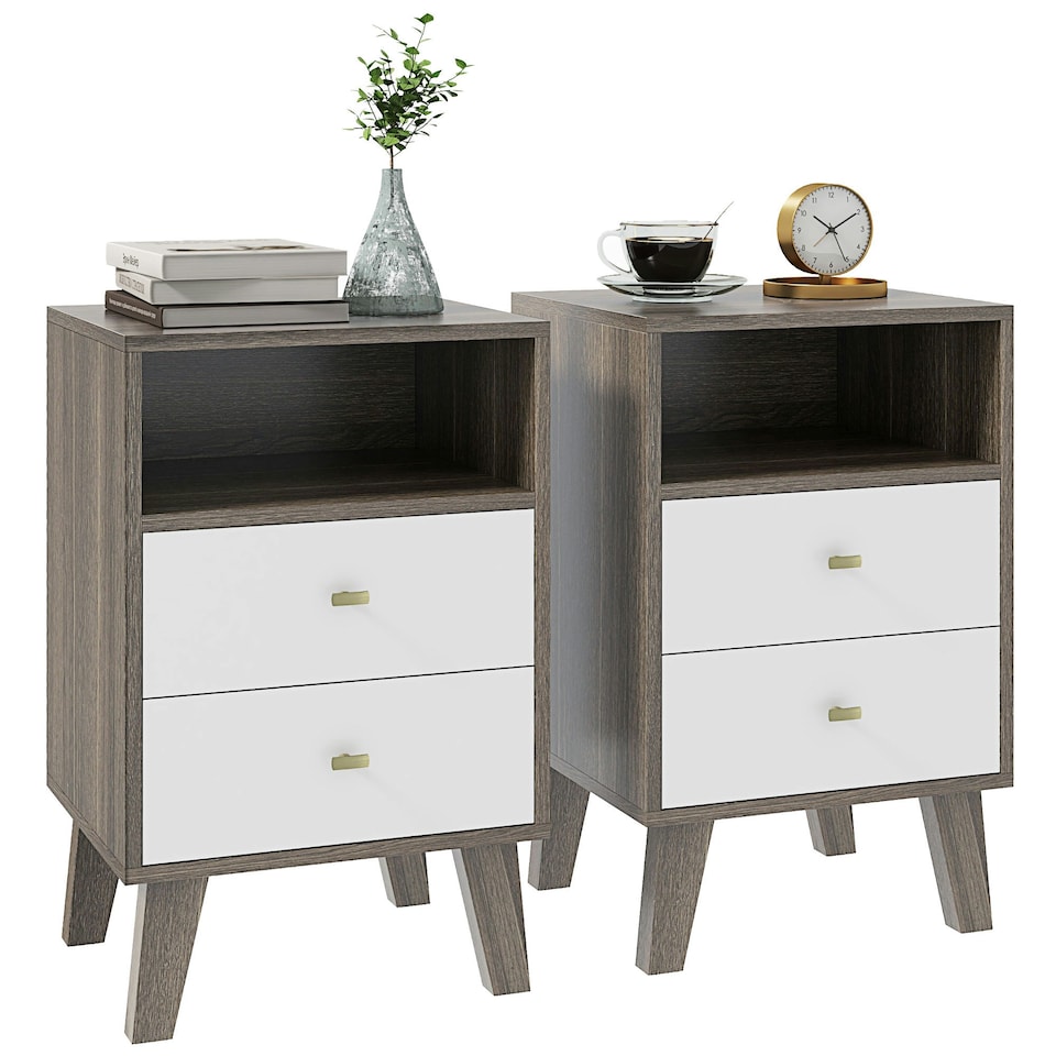 image 1 of HOMCOM Bedside Tables Set of 2, Modern Nightstand with 2 Drawers and Open Cubby