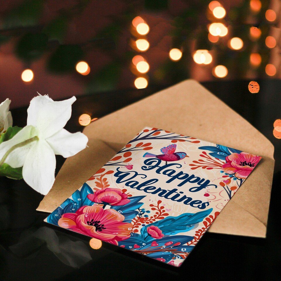 image 1 of Pink Anemone Flowers Bird Anniversary Valentines Her Wife Card