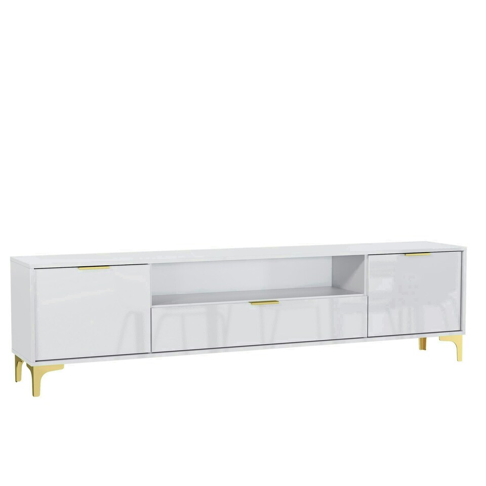 image 1 of TV Unit 200cm White High Gloss Doors with Gold Legs and Drawer White