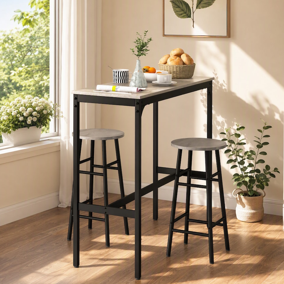 image 1 of HOMCOM 3 Piece Bar Set with 2 Stools, Industrial Kitchen and Chair Set Grey