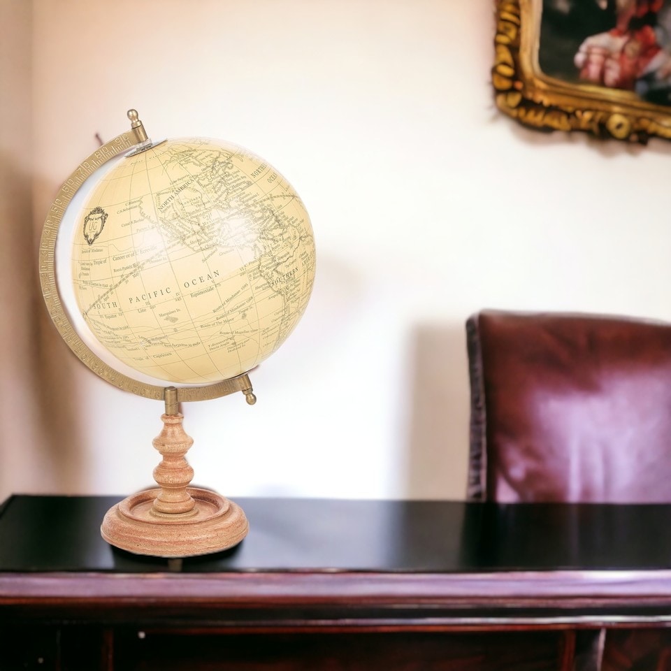 image 1 of World Globe On Wood & Metal Stand Desk Vintage Style Educational | Multi | Peach 36cm