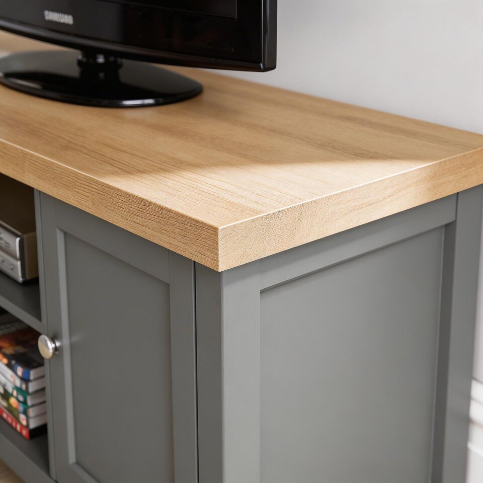image 1 of TV Stand 2 Door Cabinet Television Unit Shelf Cable Tidy 36mm Oak Top