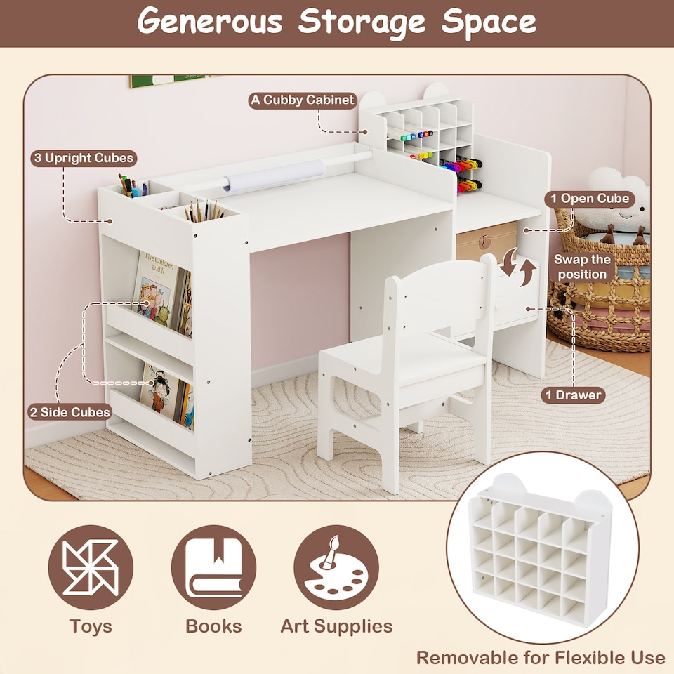 image 1 of COSTWAY Kids Art Table & Chair Set Toddler Desk White