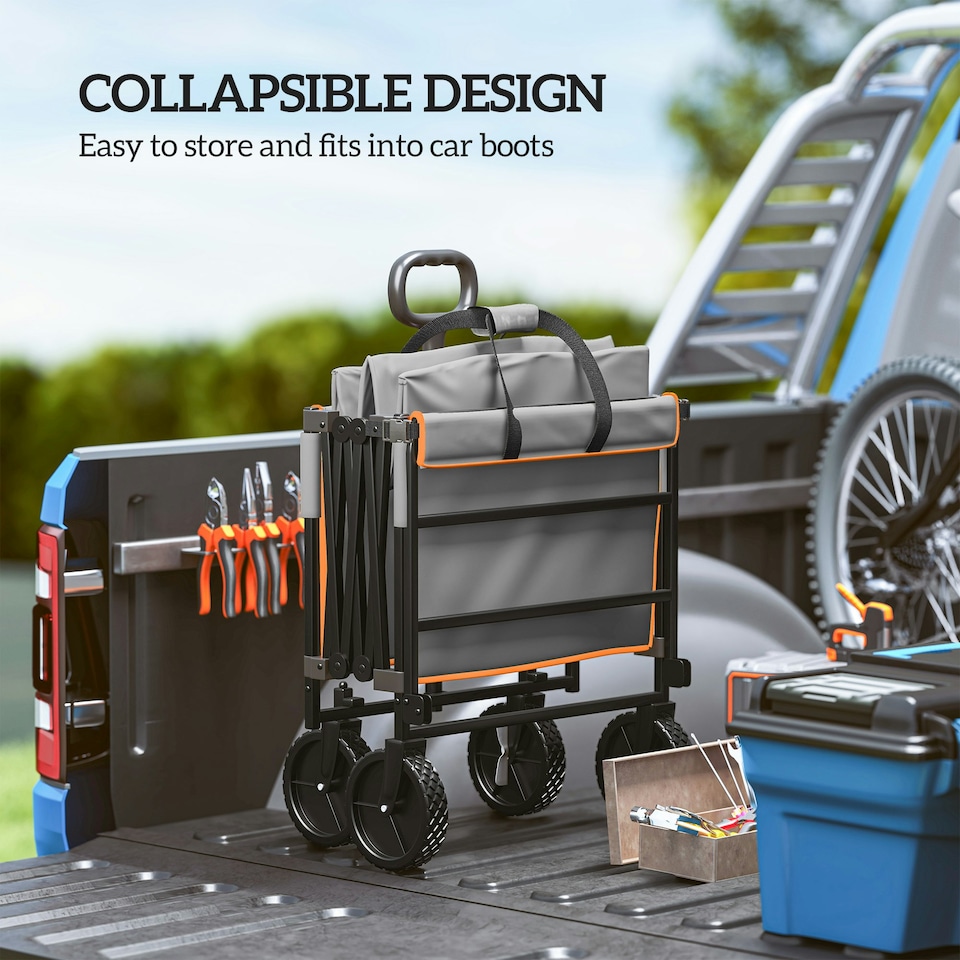 image 1 of Outsunny 160L Folding Trolley Cart w/ Adjustable Handle, Grey and Orange