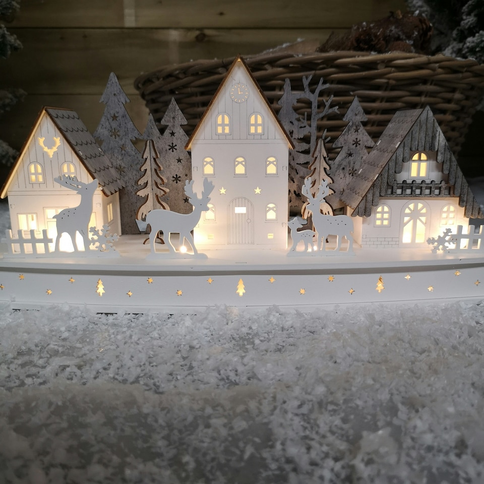 image 1 of 44cm Battery Light Up Warm White Christmas Winter Wooden Village with Reindeer Scene