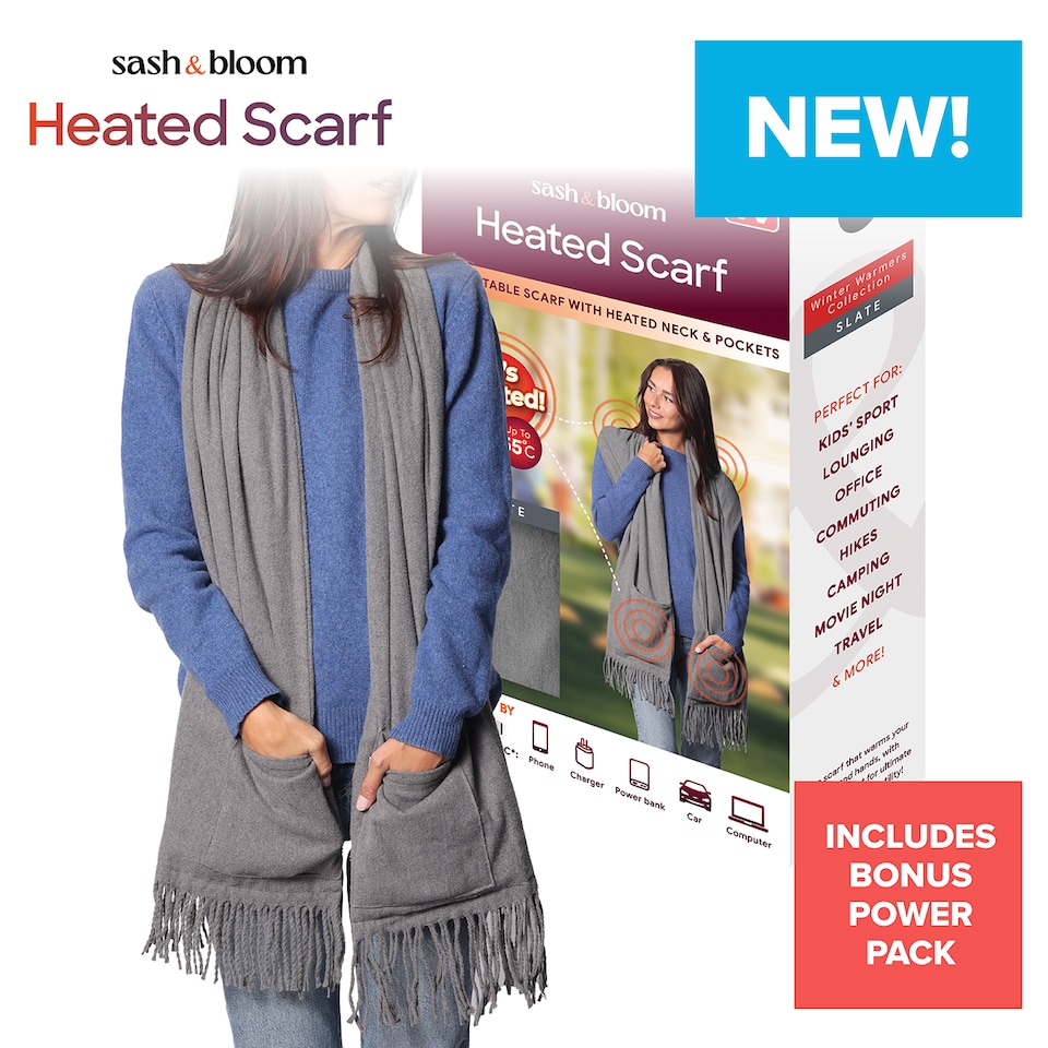 image 1 of Sash & Bloom 2-in-1 Heated Scarf with Heated Pockets and Rechargeable Battery Pack