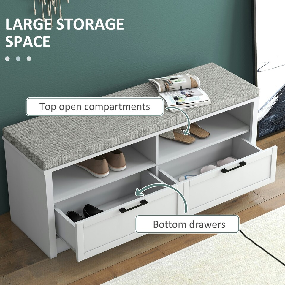 image 1 of HOMCOM Shoe Bench with Removable Cushion, Open Compartments White