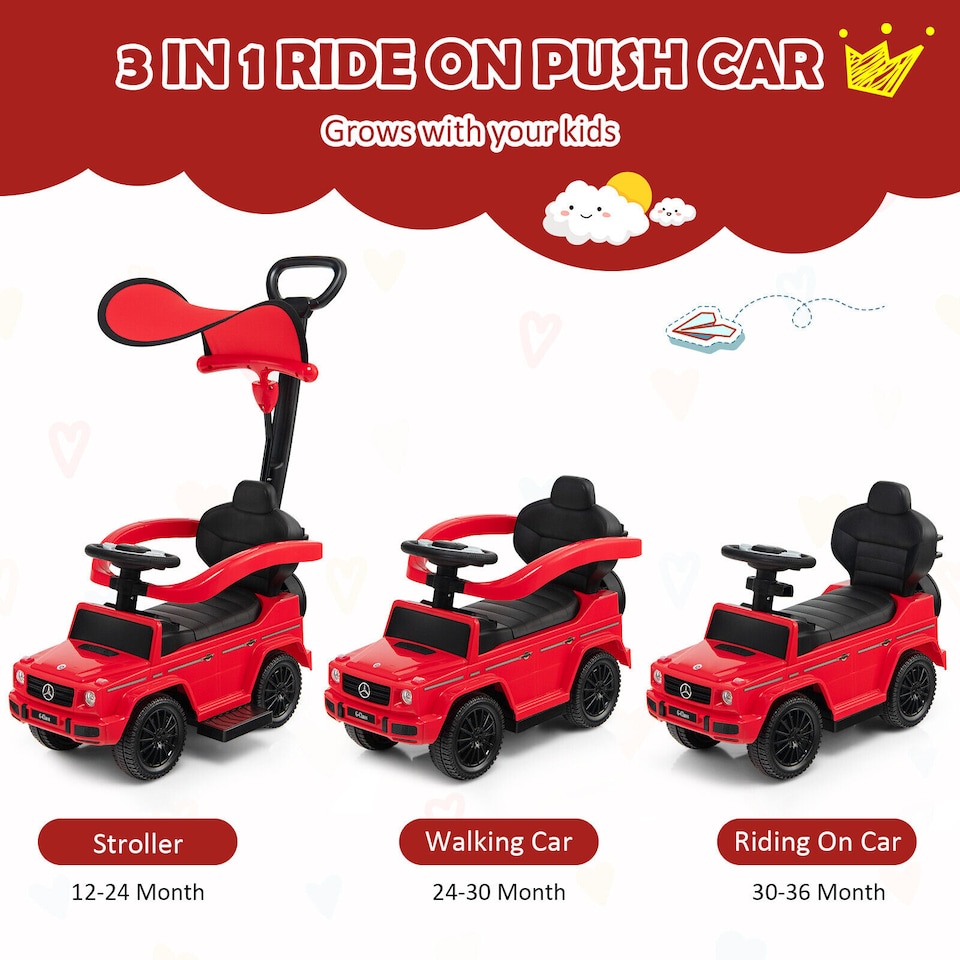 image 1 of COSTWAY 3-in-1 Licensed Mercedes Benz Ride on Push Car Red