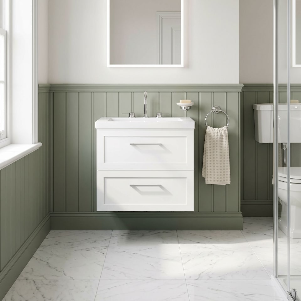 image 1 of Balterley Stonnall Traditional Wall Hung 2 Drawers Vanity Unit with 3 Tap Hole Fireclay Basin, 600mm, Matt White