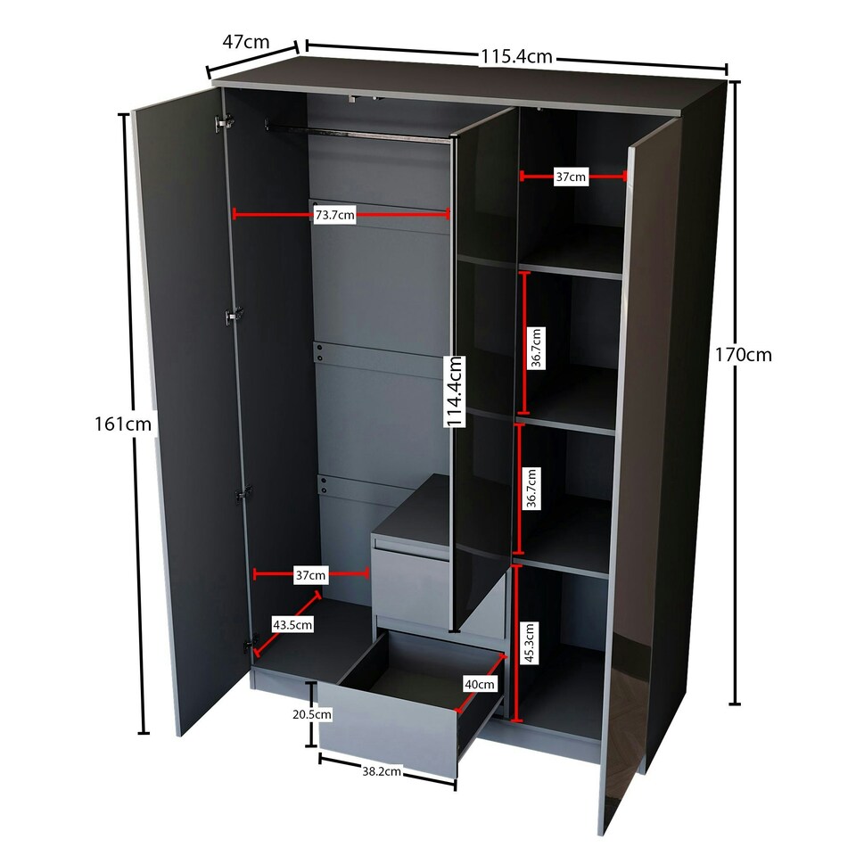 image 1 of Vida Designs Glinton 3 Door 2 Drawer Wardrobe High Gloss Doors With Shelf & Clothes Rail, 100% FSC, Grey