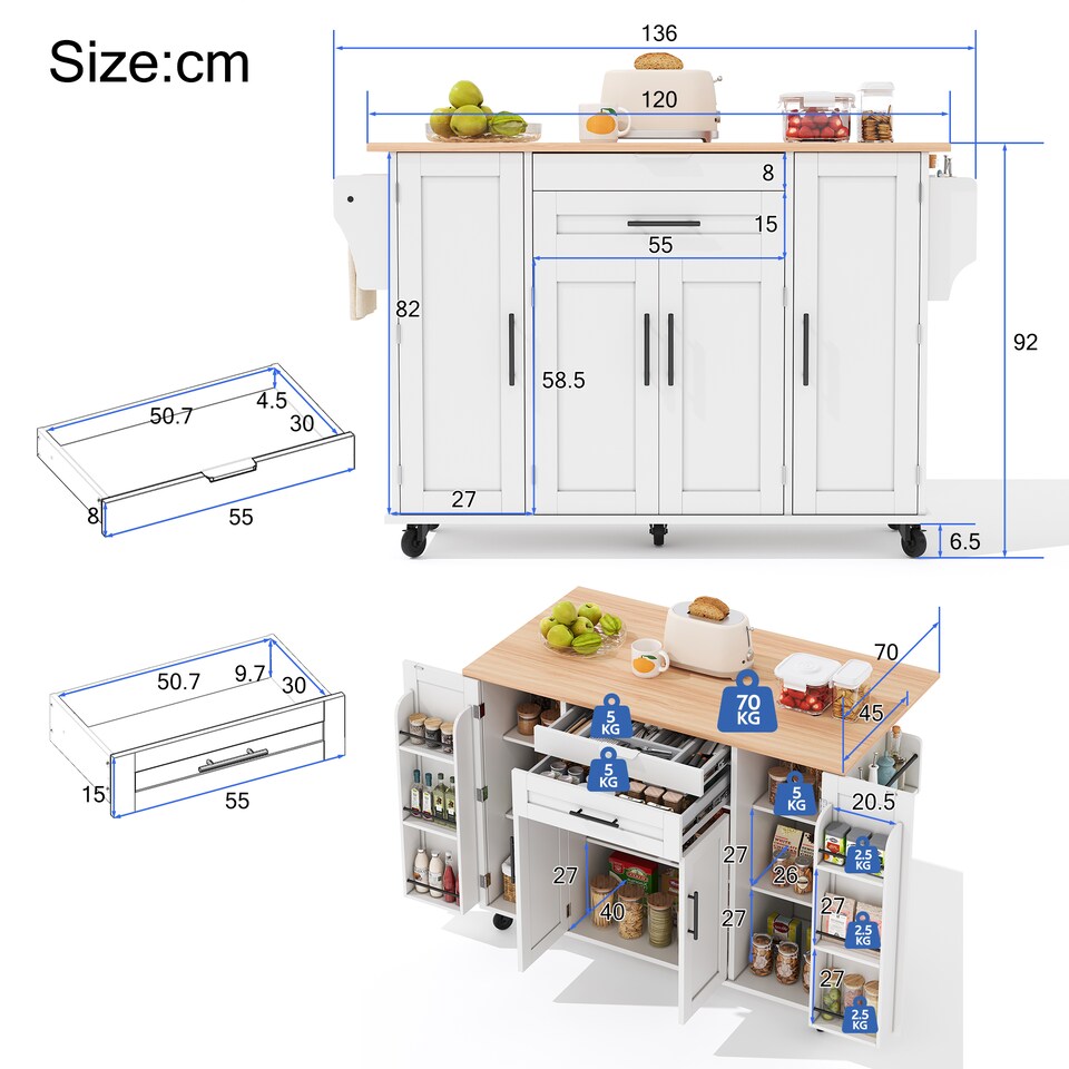 image 1 of VILUXE Mobile Kitchen Island with Foldable Worktop, Hidden Cutlery Drawer, Large Drawer, Adjustable Shelves, Door Racks, Towel Rack, Spice Rack and 5 Wheels, White and Natural Wood