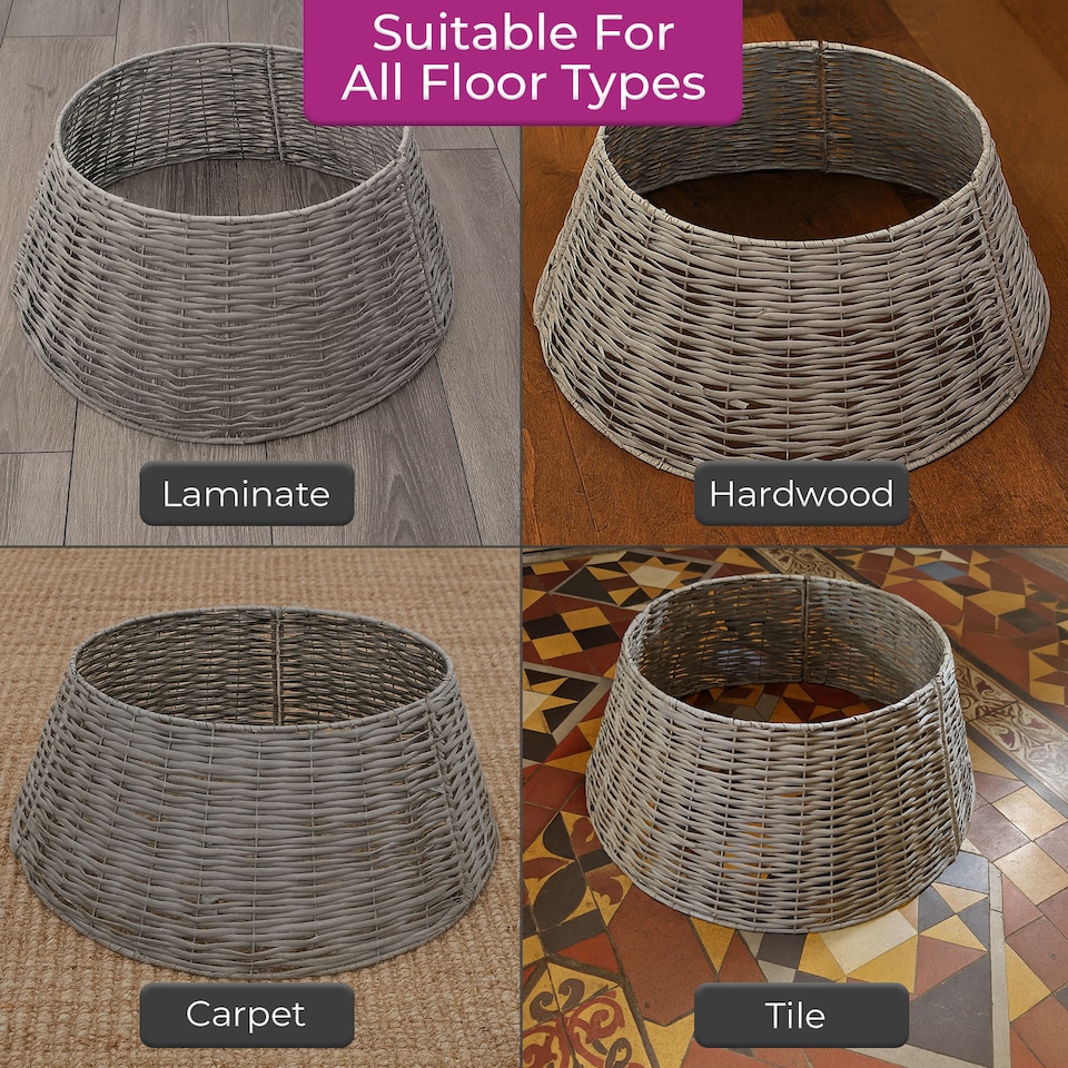 image 1 of Neo Grey Willow Christmas Tree Skirt Natural Rustic Handwoven Half Split Willow Base Cover Hider Collar