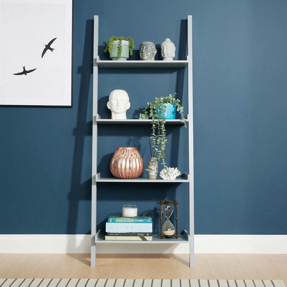 image 1 of Ladder Shelf Bookcase 3 or 5 Tier Storage Shelving Unit Display Stand Grey | 5 Tier