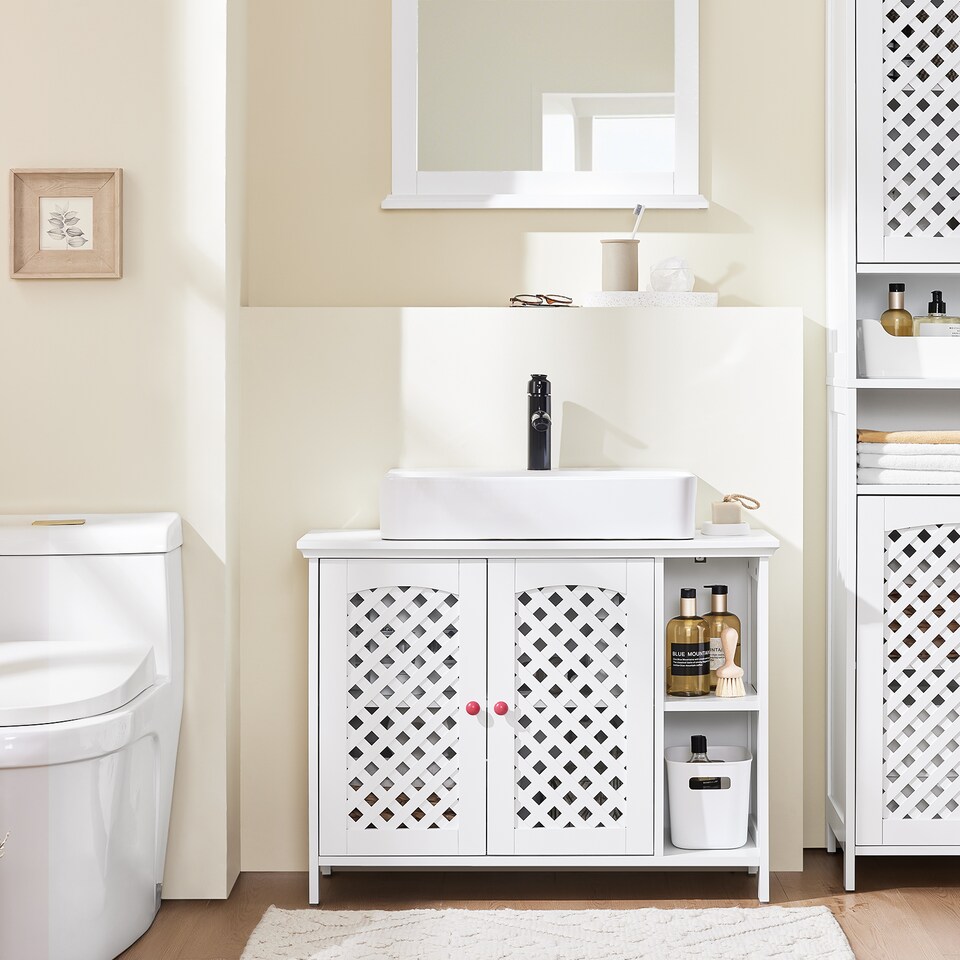 image 1 of SoBuy Under Sink Bathroom Cabinet with 2 Doors & Open Shelf, White, 31.4x12.4x23.8 in, 13.4 kg - BZR210-W