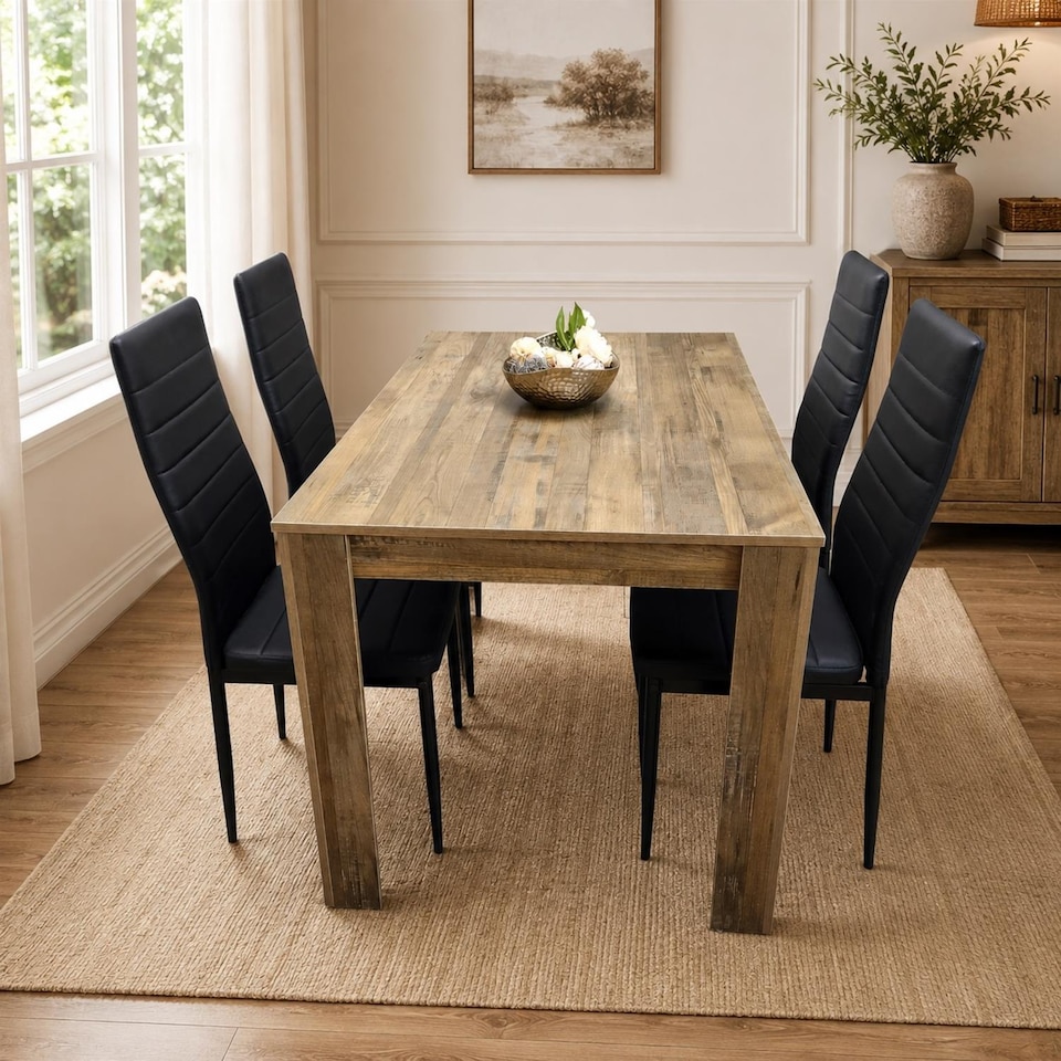 image 1 of Dining Table and 4 Chairs Rustic Effect Wood Table with 4 Black Faux Leather Dining Chairs