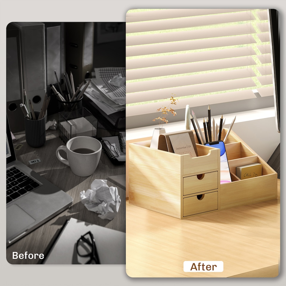 image 1 of HOMCOM Organiser Holder Multi-Function Storage Caddy Drawers Natural Bamboo