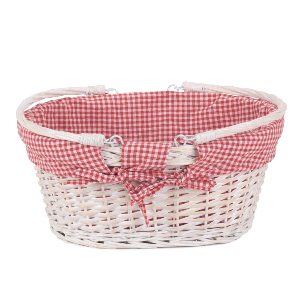image 1 of Medium White Swing Handle Wicker Shopper with Red and White Checked Lining | Red | Red Checked